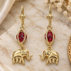 Oro Laminado Long Earring, Gold Filled Style Elephant Design, with Garnet Cubic Zirconia, Polished, Golden Finish, 02.351.0021.1
