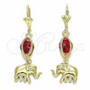 Oro Laminado Long Earring, Gold Filled Style Elephant Design, with Garnet Cubic Zirconia, Polished, Golden Finish, 02.351.0021.1