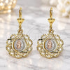 Oro Laminado Dangle Earring, Gold Filled Style Flower and Guadalupe Design, Polished, Tricolor, 02.351.0034