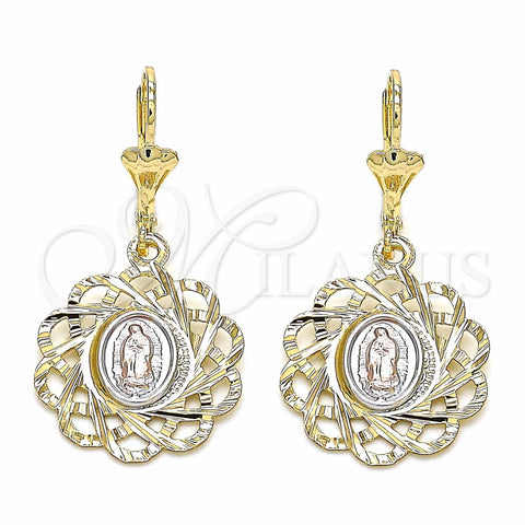 Oro Laminado Dangle Earring, Gold Filled Style Flower and Guadalupe Design, Polished, Tricolor, 02.351.0034