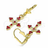Oro Laminado Dangle Earring, Gold Filled Style Cross Design, with Garnet Crystal, Polished, Golden Finish, 02.351.0036.1