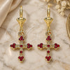 Oro Laminado Dangle Earring, Gold Filled Style Cross Design, with Garnet Crystal, Polished, Golden Finish, 02.351.0036.1