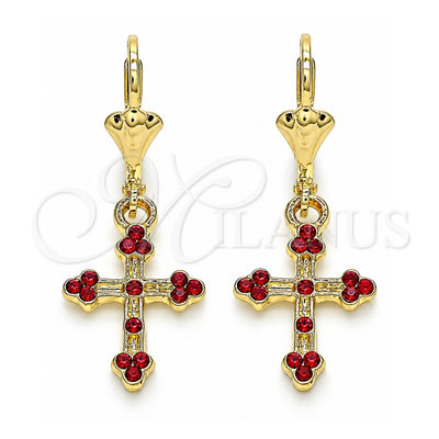 Oro Laminado Dangle Earring, Gold Filled Style Cross Design, with Garnet Crystal, Polished, Golden Finish, 02.351.0036.1
