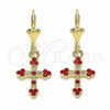 Oro Laminado Dangle Earring, Gold Filled Style Cross Design, with Garnet Crystal, Polished, Golden Finish, 02.351.0036.1
