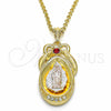 Oro Laminado Religious Pendant, Gold Filled Style Guadalupe and Teardrop Design, with Garnet and White Crystal, Polished, Tricolor, 05.351.0046