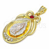 Oro Laminado Religious Pendant, Gold Filled Style Guadalupe and Teardrop Design, with Garnet and White Crystal, Polished, Tricolor, 05.351.0046