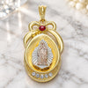 Oro Laminado Religious Pendant, Gold Filled Style Guadalupe and Teardrop Design, with Garnet and White Crystal, Polished, Tricolor, 05.351.0046