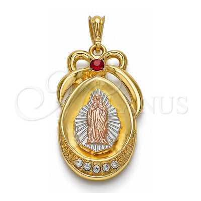 Oro Laminado Religious Pendant, Gold Filled Style Guadalupe and Teardrop Design, with Garnet and White Crystal, Polished, Tricolor, 05.351.0046