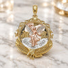 Oro Laminado Religious Pendant, Gold Filled Style Centenario Coin and Angel Design, Polished, Tricolor, 05.351.0055.1