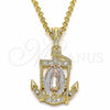 Oro Laminado Religious Pendant, Gold Filled Style Anchor and Guadalupe Design, with White Crystal, Polished, Tricolor, 05.351.0056