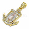Oro Laminado Religious Pendant, Gold Filled Style Anchor and Guadalupe Design, with White Crystal, Polished, Tricolor, 05.351.0056