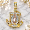 Oro Laminado Religious Pendant, Gold Filled Style Anchor and Guadalupe Design, with White Crystal, Polished, Tricolor, 05.351.0056