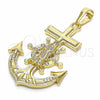 Oro Laminado Religious Pendant, Gold Filled Style Anchor and Guadalupe Design, with White Crystal, Polished, Golden Finish, 05.351.0057