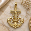 Oro Laminado Religious Pendant, Gold Filled Style Anchor and Guadalupe Design, with White Crystal, Polished, Golden Finish, 05.351.0057