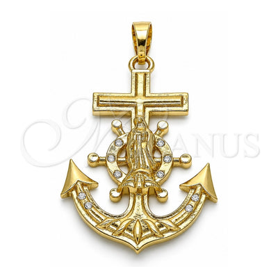Oro Laminado Religious Pendant, Gold Filled Style Anchor and Guadalupe Design, with White Crystal, Polished, Golden Finish, 05.351.0057