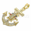 Oro Laminado Religious Pendant, Gold Filled Style Anchor and Guadalupe Design, with Multicolor Crystal, Polished, Golden Finish, 05.351.0057.1
