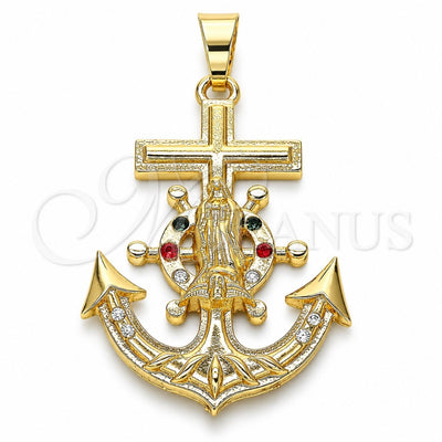 Oro Laminado Religious Pendant, Gold Filled Style Anchor and Guadalupe Design, with Multicolor Crystal, Polished, Golden Finish, 05.351.0057.1