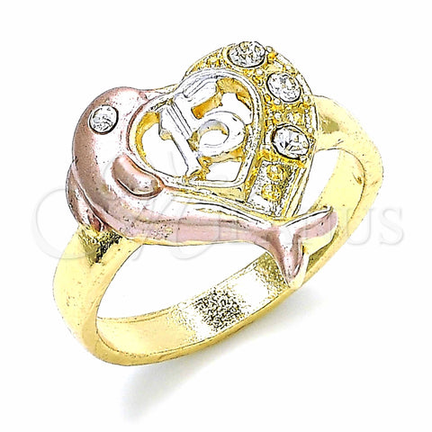 Oro Laminado Multi Stone Ring, Gold Filled Style Dolphin and Heart Design, Polished, Tricolor, 01.351.0001.09 (Size 9)