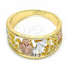 Oro Laminado Elegant Ring, Gold Filled Style Owl and Elephant Design, Polished, Tricolor, 01.351.0003.08 (Size 8)