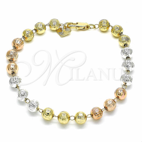 Oro Laminado Bracelet Rosary, Gold Filled Style Diamond Cutting Finish, Tricolor, 03.351.0070.07