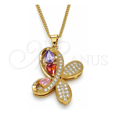 Oro Laminado Pendant Necklace, Gold Filled Style Butterfly Design, with Multicolor Cubic Zirconia and White Micro Pave, Polished, Golden Finish, 04.323.0012.20 (02 MM Thickness, 20 Inches Length)