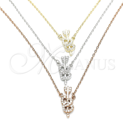 Sterling Silver Pendant Necklace, Heart Design, with White Cubic Zirconia, Polished, Tricolor, 04.369.0005.18 (01 MM Thickness, 18 Inches Length)
