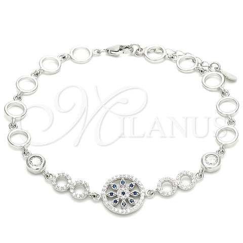 Sterling Silver Fancy Bracelet, Flower Design, with Sapphire Blue and White Cubic Zirconia, Polished, Rhodium Finish, 03.369.0002.07 (06 MM Thickness, 7 Inches Length)