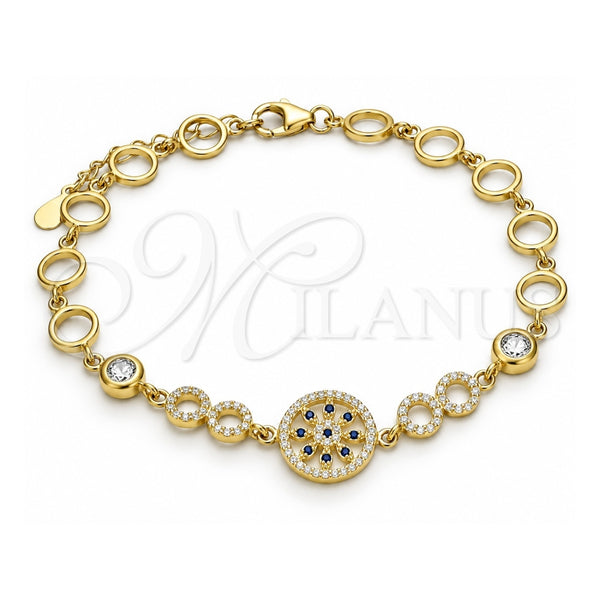 Sterling Silver Fancy Bracelet, Flower Design, with Sapphire Blue and White Cubic Zirconia, Polished, Golden Finish, 03.369.0002.3.07 (06 MM Thickness, 7 Inches Length)
