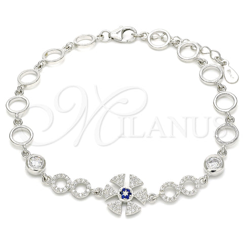 Sterling Silver Fancy Bracelet, with Sapphire Blue and White Cubic Zirconia, Polished, Rhodium Finish, 03.369.0003.07 (06 MM Thickness, 7 Inches Length)