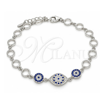 Sterling Silver Fancy Bracelet, with Sapphire Blue and White Cubic Zirconia, Polished, Rhodium Finish, 03.369.0004.07 (06 MM Thickness, 7 Inches Length)
