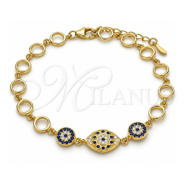 Sterling Silver Fancy Bracelet, Flower Design, with Sapphire Blue and White Cubic Zirconia, Polished, Golden Finish, 03.369.0004.2.07 (06 MM Thickness, 7 Inches Length)