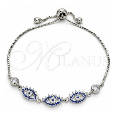 Sterling Silver Fancy Bracelet, with Sapphire Blue and White Cubic Zirconia, Polished, Rhodium Finish, 03.369.0006.10 (01 MM Thickness, 10 Inches Length)
