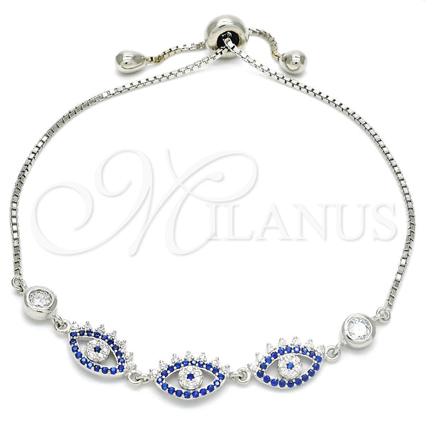 Sterling Silver Fancy Bracelet, with Sapphire Blue and White Cubic Zirconia, Polished, Rhodium Finish, 03.369.0006.10 (01 MM Thickness, 10 Inches Length)