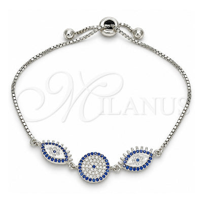 Sterling Silver Fancy Bracelet, with Sapphire Blue and White Cubic Zirconia, Polished, Rhodium Finish, 03.369.0007.10 (01 MM Thickness, 10 Inches Length)