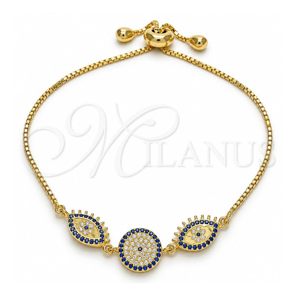 Sterling Silver Fancy Bracelet, with Sapphire Blue and White Cubic Zirconia, Polished, Golden Finish, 03.369.0007.2.10 (01 MM Thickness, 10 Inches Length)