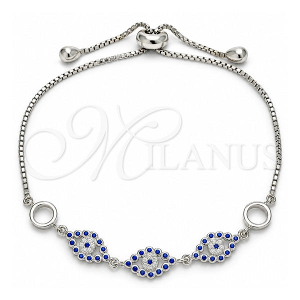 Sterling Silver Fancy Bracelet, with Sapphire Blue and White Cubic Zirconia, Polished, Rhodium Finish, 03.369.0008.10 (01 MM Thickness, 10 Inches Length)