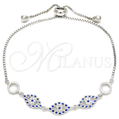 Sterling Silver Fancy Bracelet, with Sapphire Blue and White Cubic Zirconia, Polished, Rhodium Finish, 03.369.0008.10 (01 MM Thickness, 10 Inches Length)