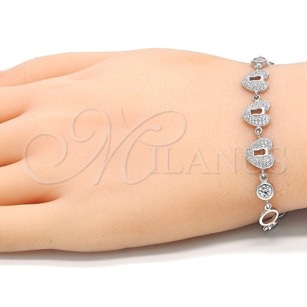 Sterling Silver Bracelet — Fancy Bracelet Heart and Lock Design with White — alternate product view — SKU 129807 | Plata 925 brazalete — elegante Bracelet corazón and Lock diseño with blanco — SKU 129807