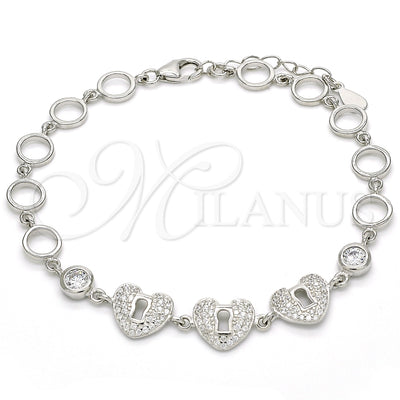 Sterling Silver Fancy Bracelet, Heart and Lock Design, with White Cubic Zirconia, Polished, Rhodium Finish for wholesale, main product view