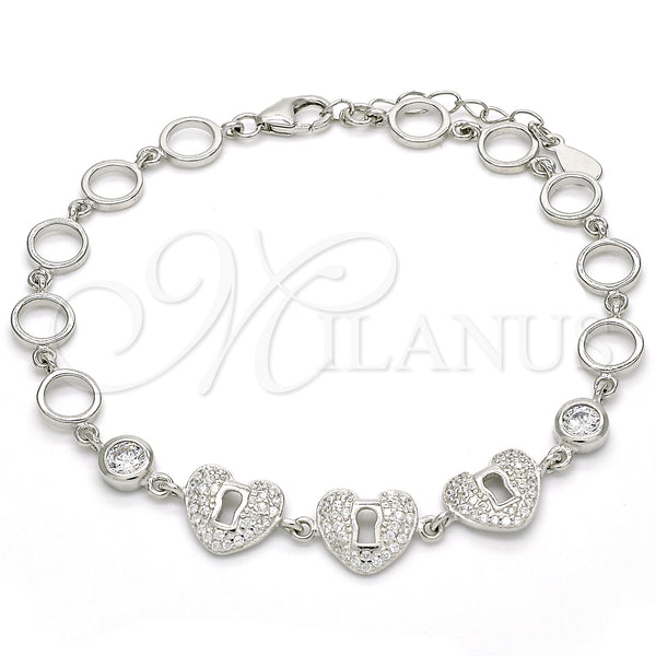 Sterling Silver Bracelet — Fancy Bracelet Heart and Lock Design with White — main product view — SKU 129807 | Plata 925 brazalete — elegante Bracelet corazón and Lock diseño with blanco — SKU 129807