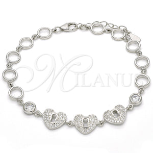 Sterling Silver Bracelet — Fancy Bracelet Heart and Lock Design with White — main product view — SKU 129807 | Plata 925 brazalete — elegante Bracelet corazón and Lock diseño with blanco — SKU 129807