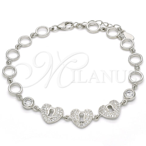 Sterling Silver Fancy Bracelet, Heart and Lock Design, with White Cubic Zirconia, Polished, Rhodium Finish, 03.369.0009.07 (06 MM Thickness, 7 Inches Length)