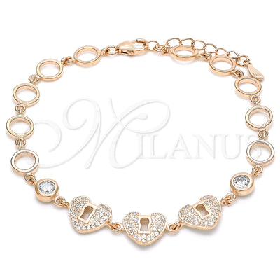 Sterling Silver Fancy Bracelet, Heart and Lock Design, with White Cubic Zirconia, Polished, Rose Gold Finish for wholesale, main product view