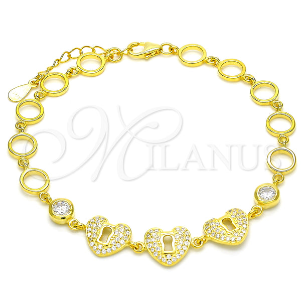 Sterling Silver Bracelet — Fancy Bracelet Heart and Lock Design with White — main product view — SKU 129809 | Plata 925 brazalete — elegante Bracelet corazón and Lock diseño with blanco — SKU 129809