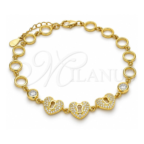Sterling Silver Fancy Bracelet, Heart and Lock Design, with White Cubic Zirconia, Polished, Golden Finish, 03.369.0009.2.07 (06 MM Thickness, 7 Inches Length)