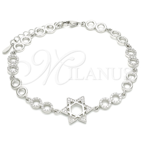 Sterling Silver Fancy Bracelet, Star of David Design, with White Cubic Zirconia, Polished, Rhodium Finish, 03.369.0010.07 (05 MM Thickness, 7 Inches Length)