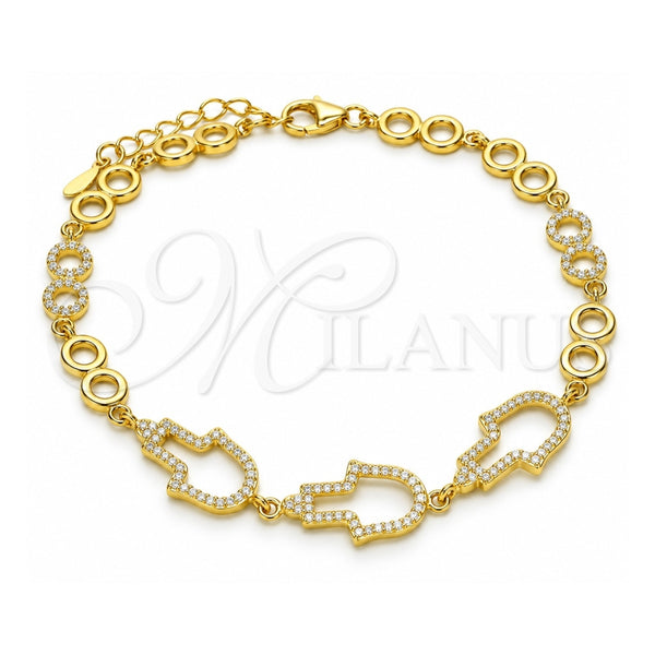 Sterling Silver Fancy Bracelet, Judaica and Hand of God Design, with White Cubic Zirconia, Polished, Golden Finish, 03.369.0011.2.07 (05 MM Thickness, 7 Inches Length)