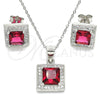Sterling Silver Earring and Pendant Adult Set, with Ruby Cubic Zirconia and White Micro Pave, Polished, Rhodium Finish, 10.175.0069.2
