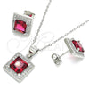 Sterling Silver Earring and Pendant Adult Set, with Ruby Cubic Zirconia and White Micro Pave, Polished, Rhodium Finish, 10.175.0069.2