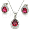 Sterling Silver Earring and Pendant Adult Set, Teardrop Design, with Ruby Cubic Zirconia and White Micro Pave, Polished, Rhodium Finish, 10.175.0072.3